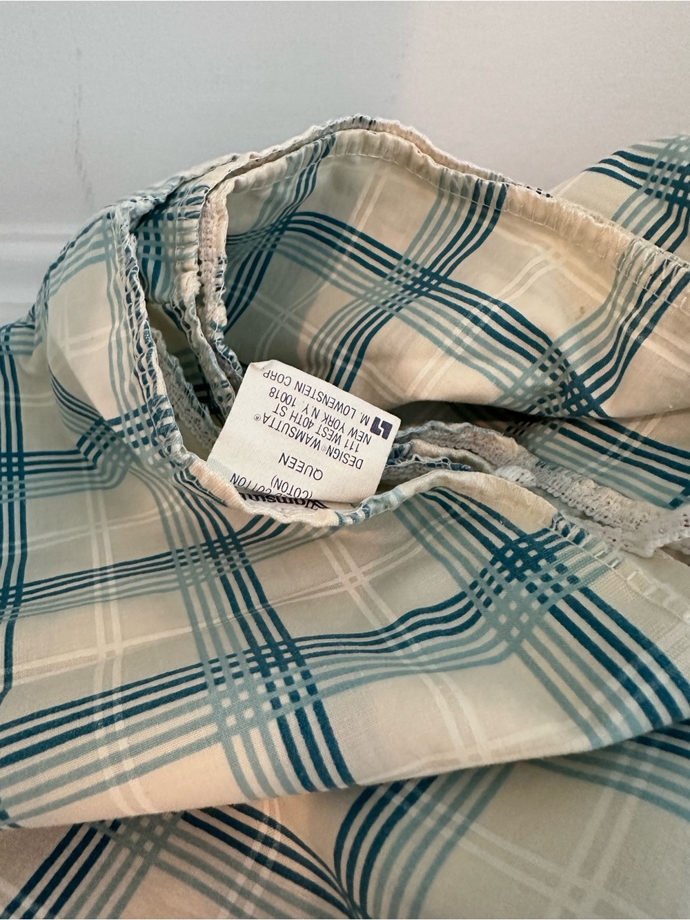 Vintage 1970s Wamsutta Ultracale Blue/White Plaid Queen Fitted Sheet~Poly Cotton - Picture 9 of 11